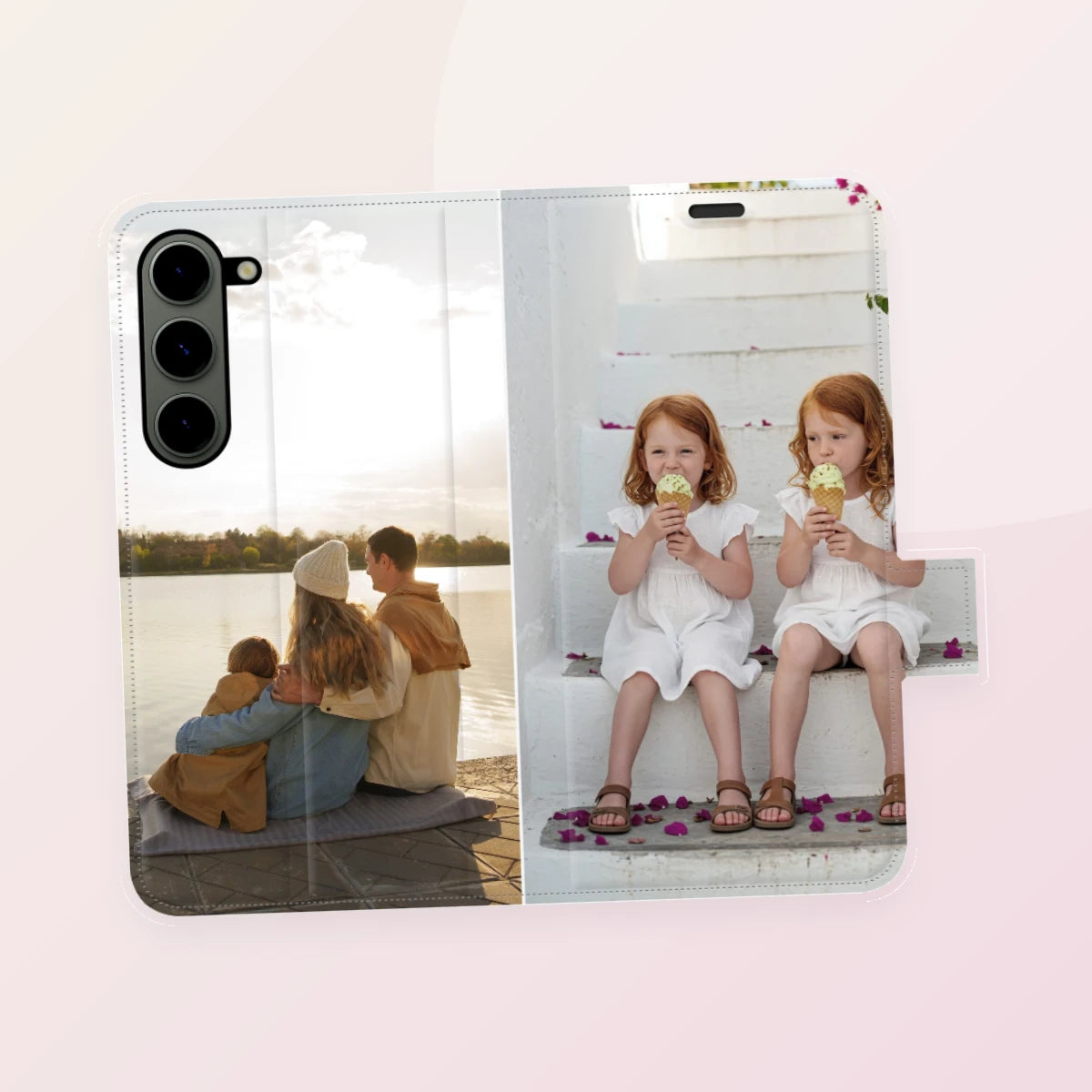 Funda libro Samsung abierta con dos fotografías familiares