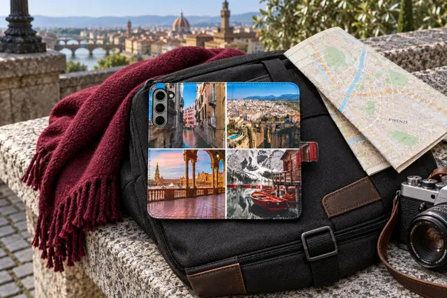 Funda de libro con cuatro recuerdos de viajes